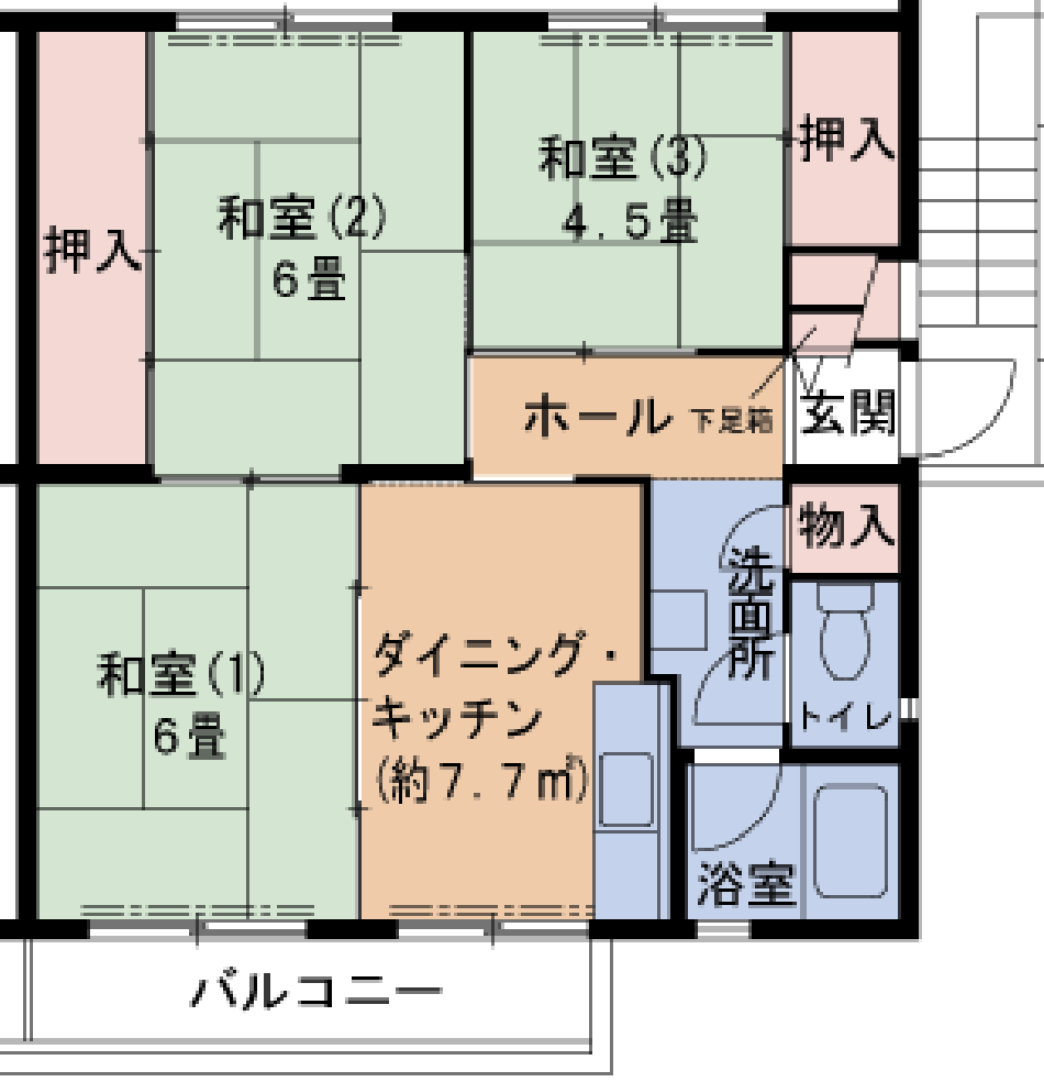 中登美第3 3DK・51㎡の間取り図