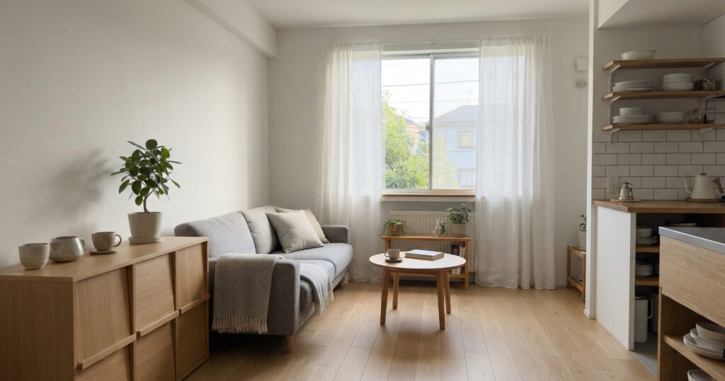 朝の光が差し込む整然とした賃貸住宅のリビング