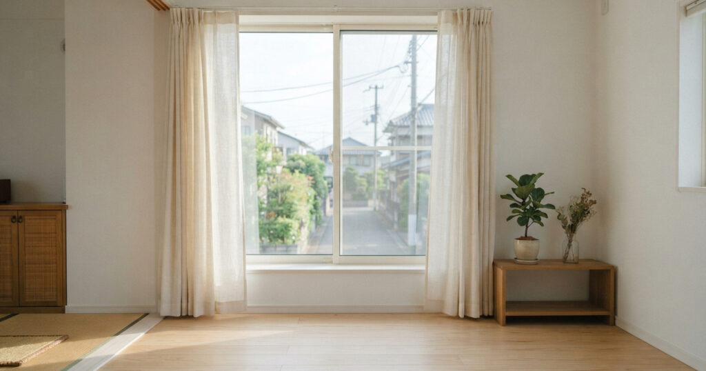 朝の光が入る窓辺と床から少し浮いたカーテンの裾