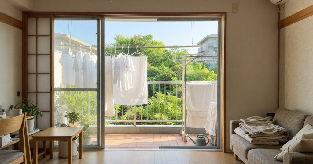 陽当たりのよいベランダと緑の木々が見える明るいリビング
