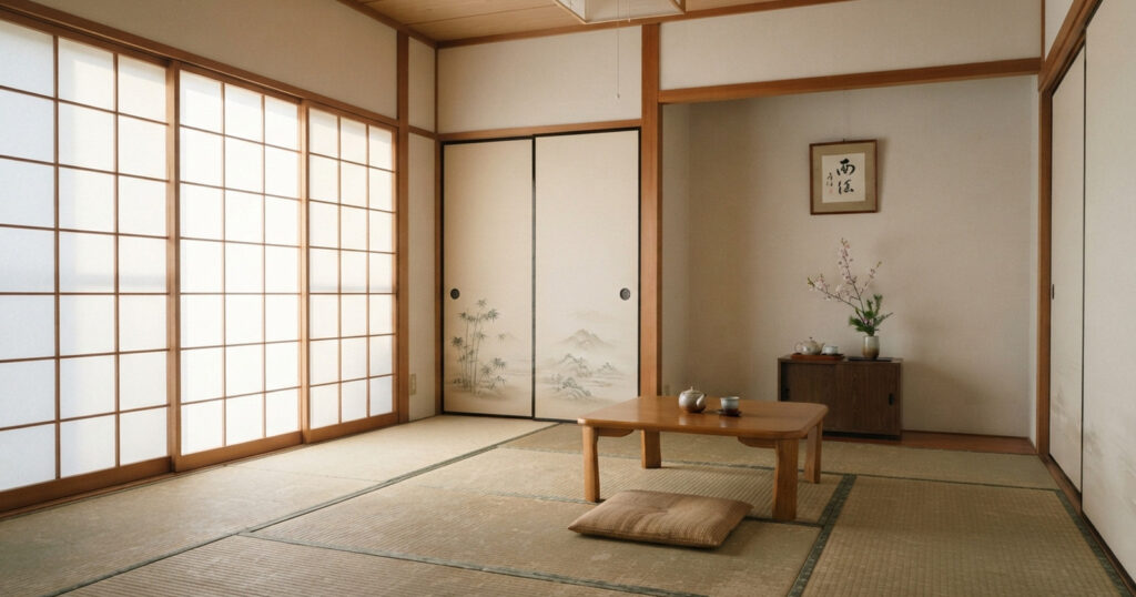朝の光が差し込む障子とふすまのある和室