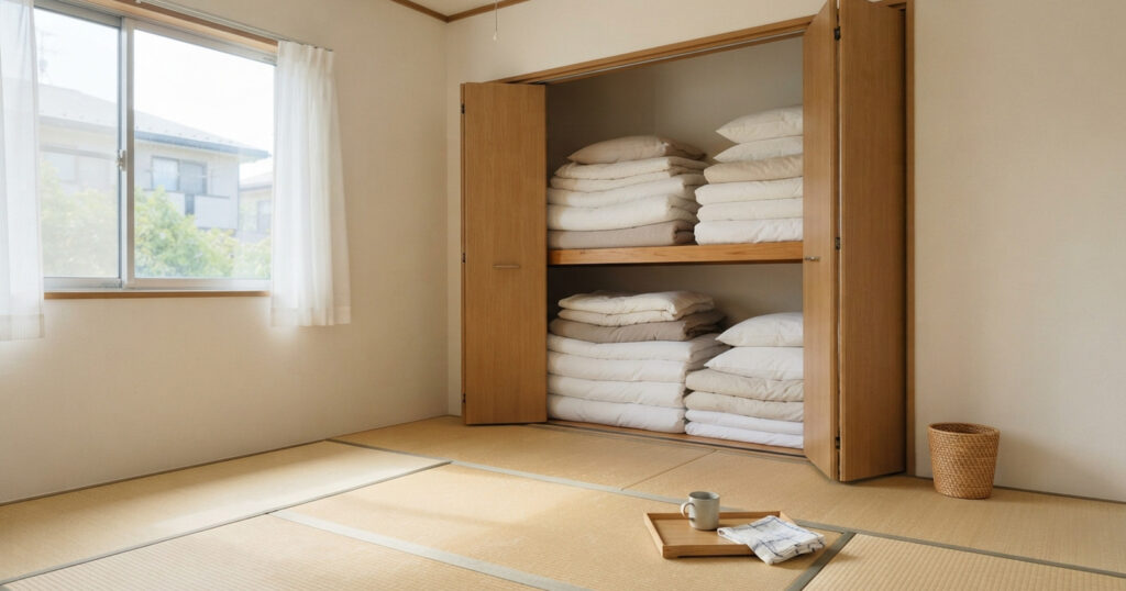 朝の光が入る明るい和室と開けた押入れ