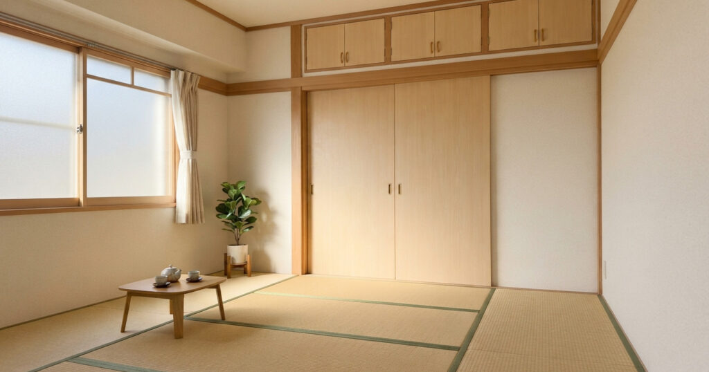 朝の光が差し込む明るい和室と押入れの天袋
