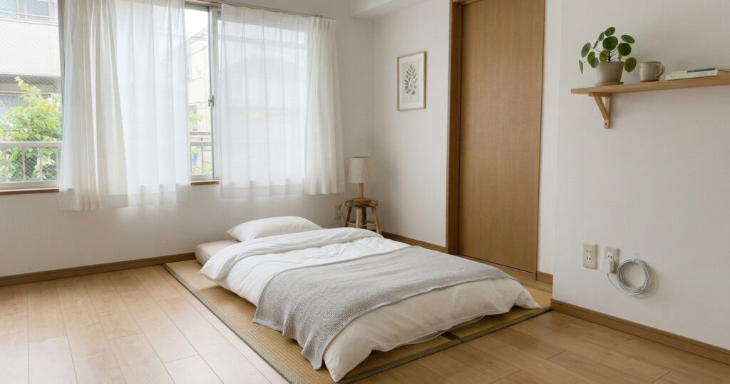 朝の光が差し込む明るい部屋と整えられた布団