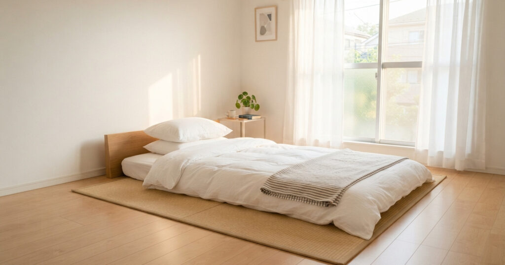 朝の光が差し込む部屋に敷かれた清潔な布団