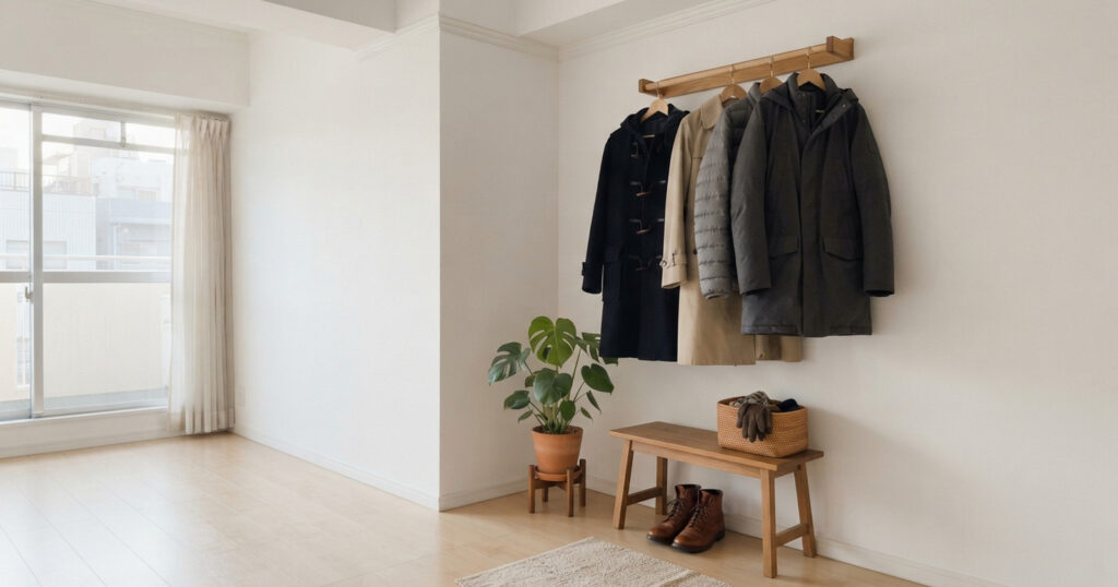 冬のコートがすっきり収まった明るい1Kの部屋