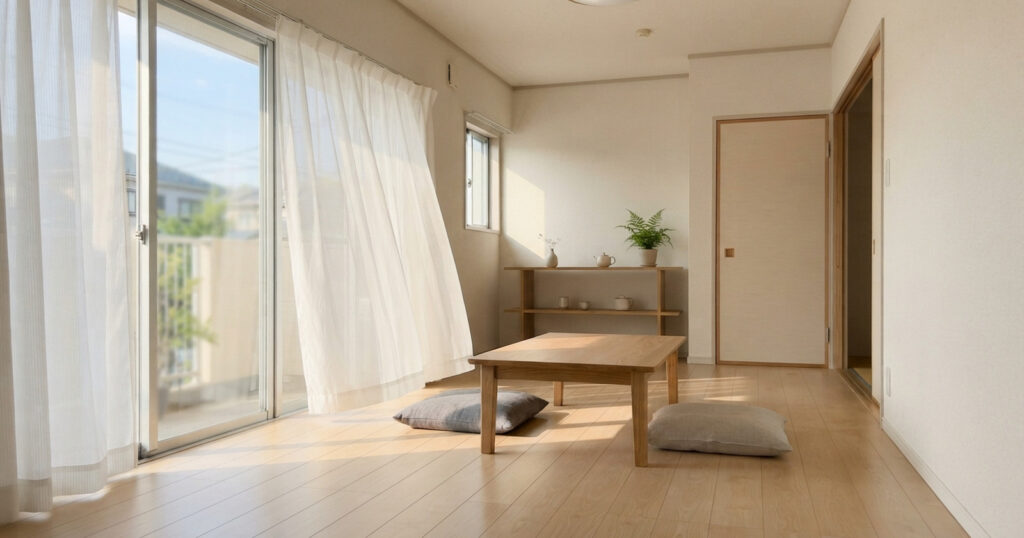 朝の光が入る、物が床に置かれていない明るい部屋