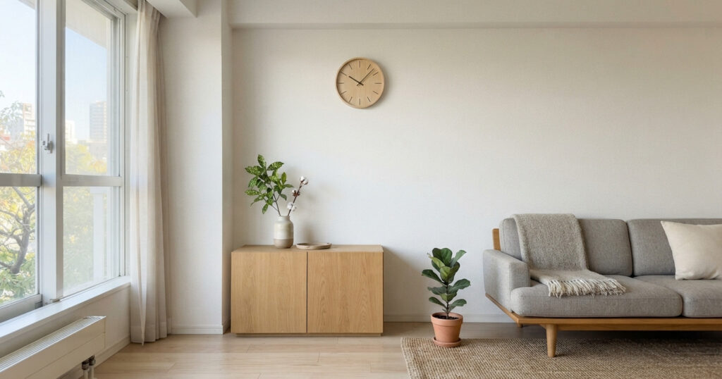 白い壁に時計がすっきりと掛かる明るい部屋