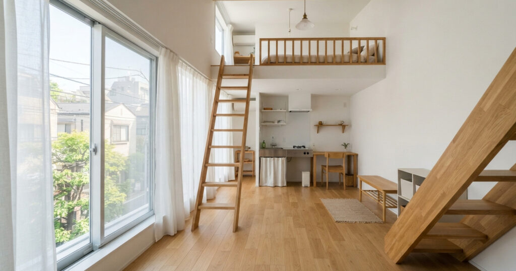 朝の光が差し込むロフト付きの明るい部屋