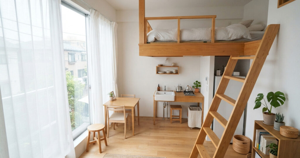 朝の光が入る涼しげなロフト付きの部屋