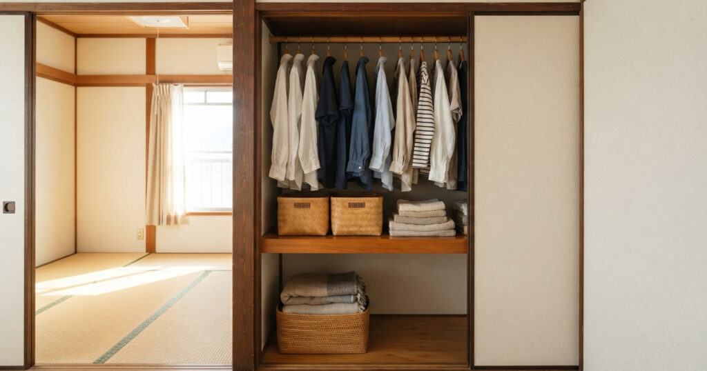 洋服が掛けられ整頓された和室の押入れ