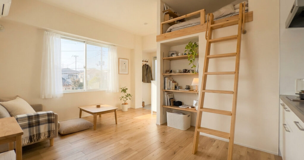 朝の光が差し込むすっきりと片付いた部屋の床