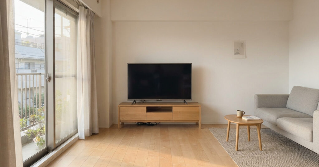 朝の光が入るすっきり片付いた洋室のテレビ周り